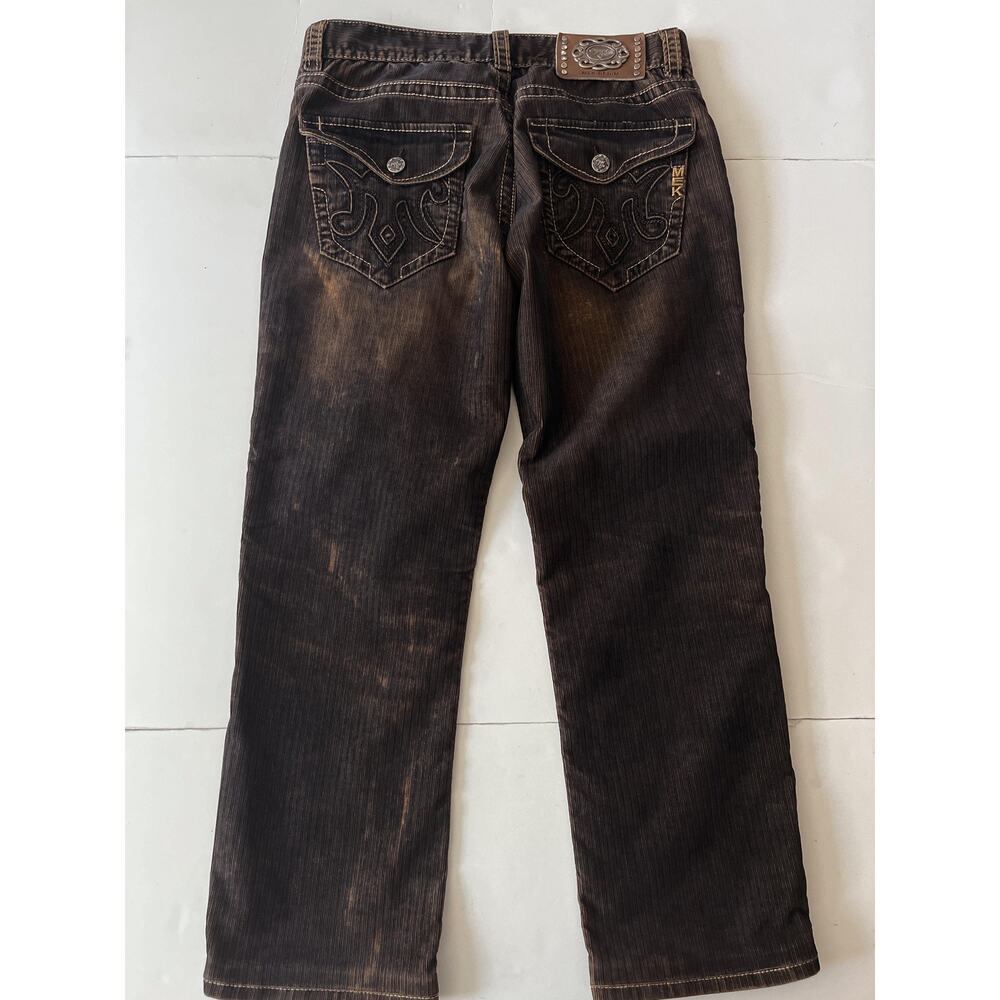 MEK Denim Montreal Jeans Mens 34x30 Dark Brown Striped Distressed Embroidered